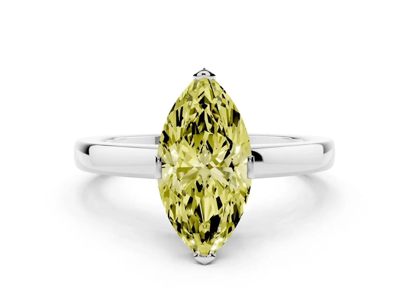 Fancy Yellow Marquise Cut Diamond Solitaire Ring Set in White gold with Prong Head and Smooth Polished Band