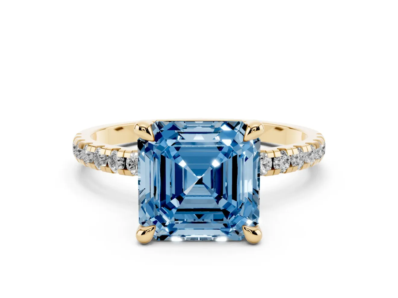 Asscher Cut Petite Pavé Solitaire Engagement Ring Setting for a Fancy Blue Lab-Grown Diamond | Slim Band | Yellow Gold