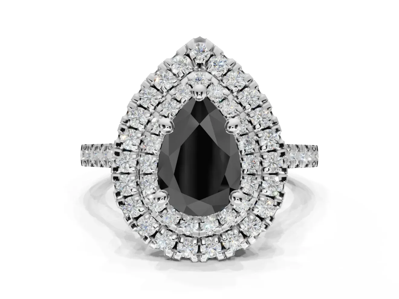 Fancy Black Pear-Shaped Lab-Grown Diamond Double Halo Statement Ring Set in White Gold with Pavé Band
