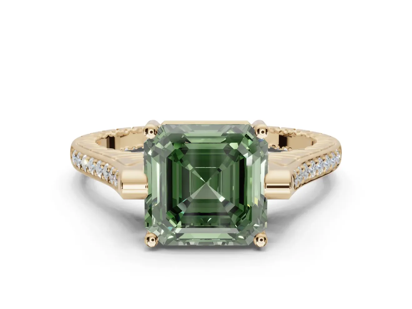 Asscher Cut Vintage Cathedral Engagement Ring Setting for a Fancy Green Lab-Grown Diamond | Carved Band | Yellow Gold