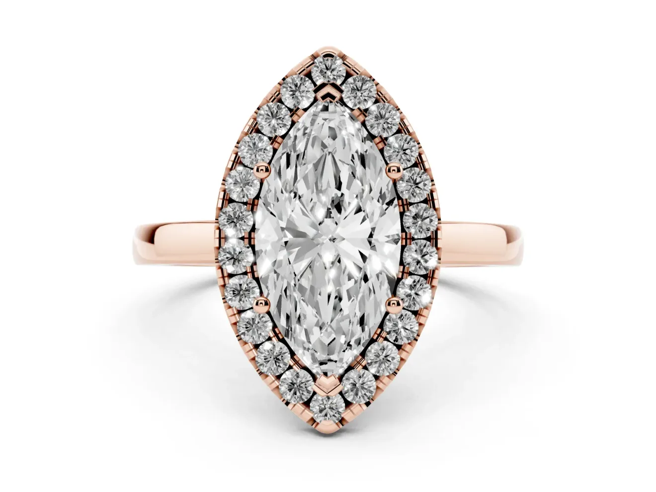 Marquise Cut Diamond Halo Solitaire Ring Set in Rose gold with Pavé Band and Prong Setting