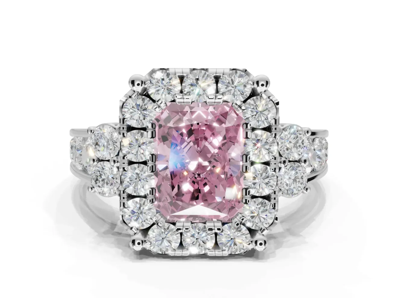 Radiant Cut Halo Engagement Ring Setting for a Fancy Pink Lab-Grown Diamond | Graduated Channel Band | Platinum