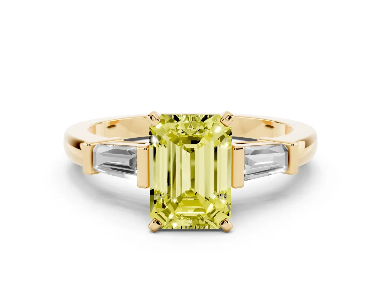 Emerald Cut Three-Stone Engagement Ring Setting for a Fancy Yellow Lab-Grown Diamond | Tapered Baguettes | Yellow Gold