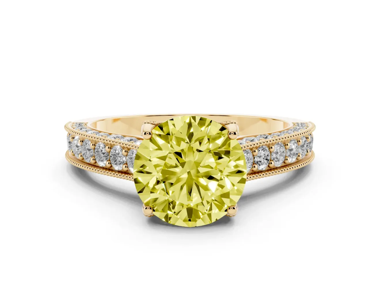 Round Hidden Halo Engagement Ring Setting for a Fancy Yellow Lab-Grown Diamond | Milgrain Pave | Yellow Gold