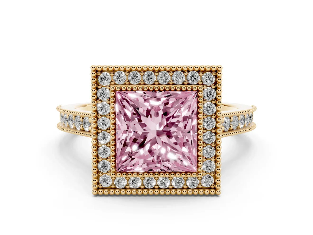 Princess Cut Vintage Milgrain Halo Engagement Ring Setting for a Fancy Pink Lab-Grown Diamond | Bezel Head | Yellow Gold