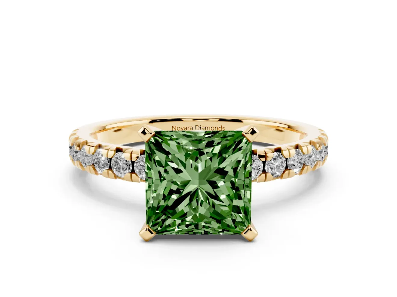Fancy Green Princess Cut Diamond Solitaire Pavé Engagement Ring Set in Yellow gold with Round Band and Prong Setting