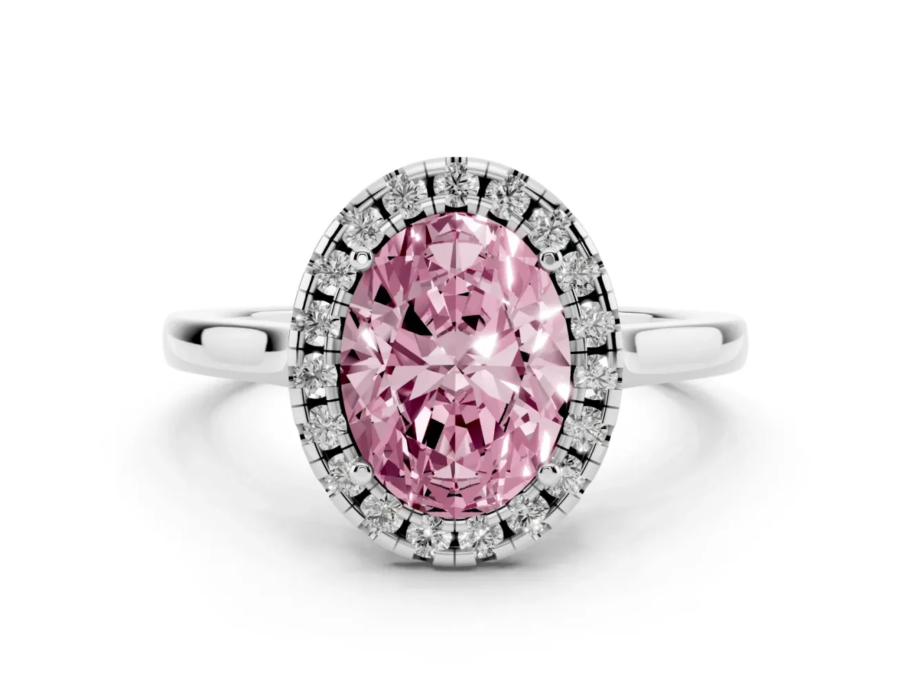 Fancy Pink Oval Cut Halo Round Diamond Solitaire Ring Set in Silver with Pavé Band and Prong Setting
