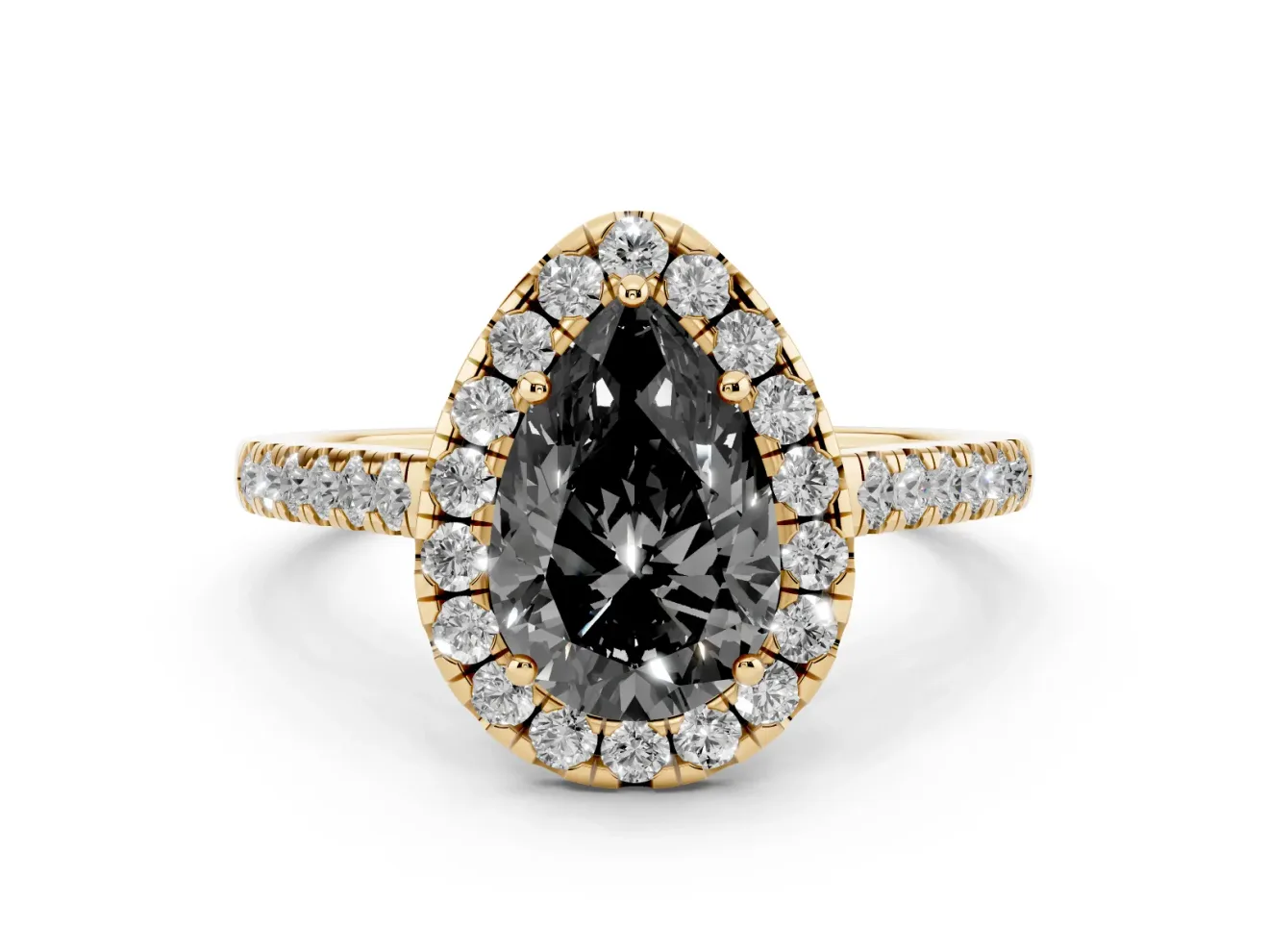 Pear-Shaped Halo Engagement Ring Setting for a Black Center | Pavé Shoulders | Yellow Gold
