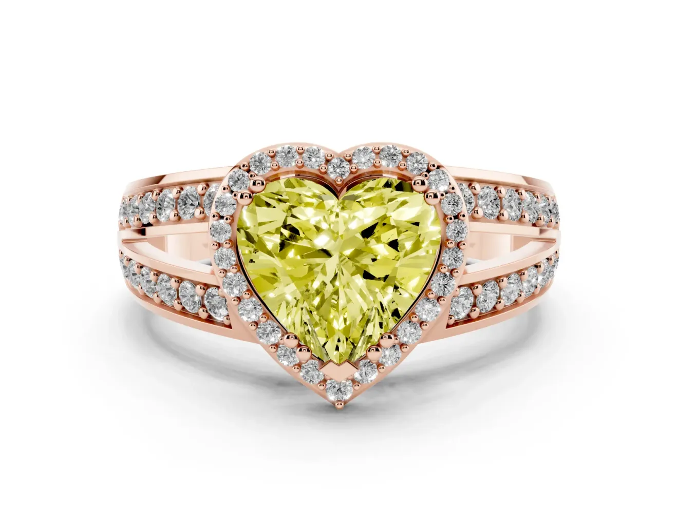 Fancy Yellow Heart Cut Diamond Halo Ring Set in Rose gold with Double Pavé Split Shank
