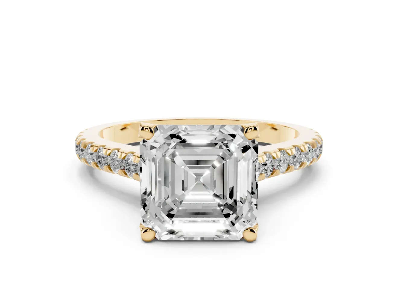 Asscher Cut Hidden Halo Pave Engagement Ring Setting | Claw Prongs | Yellow Gold