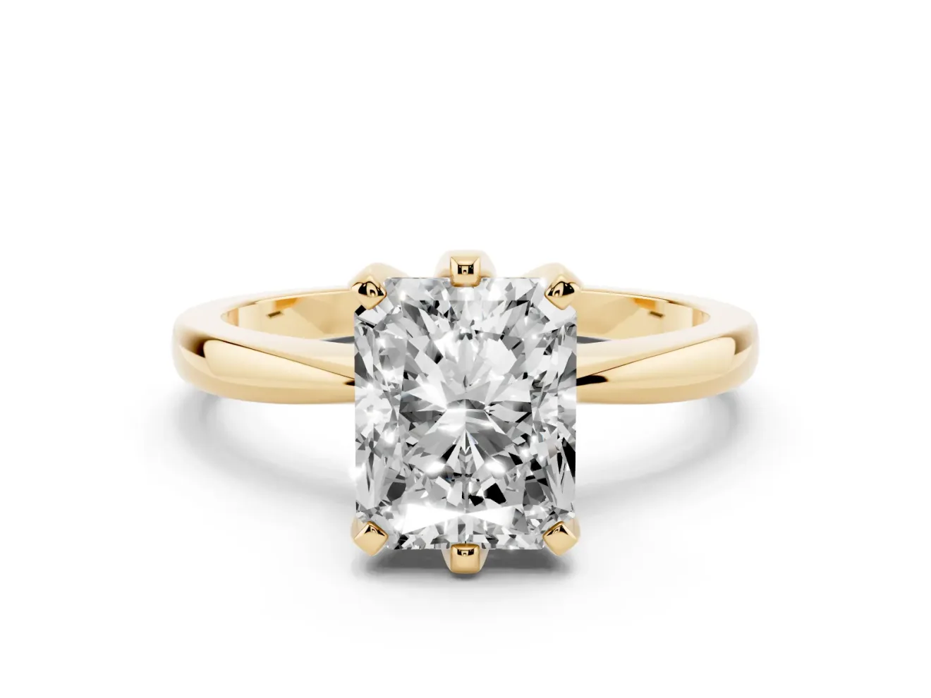 Radiant Cut Diamond Solitaire Engagement Ring Set in Yellow gold with Slim Tapered Solitaire Band