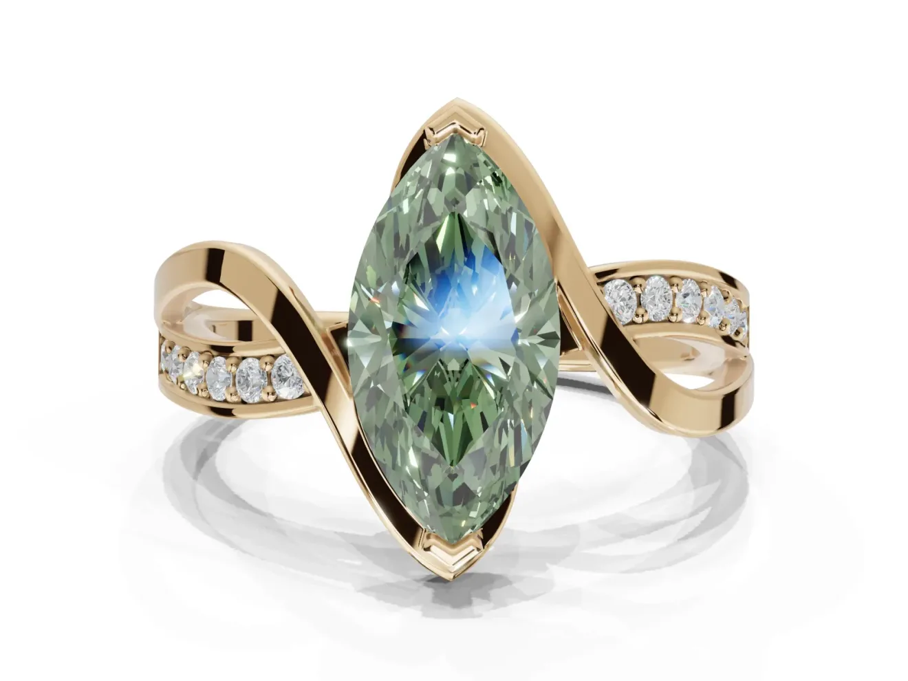 Marquise Bypass Solitaire Engagement Ring Setting for a Fancy Green Lab-Grown Diamond | Pavé Strands | Yellow Gold