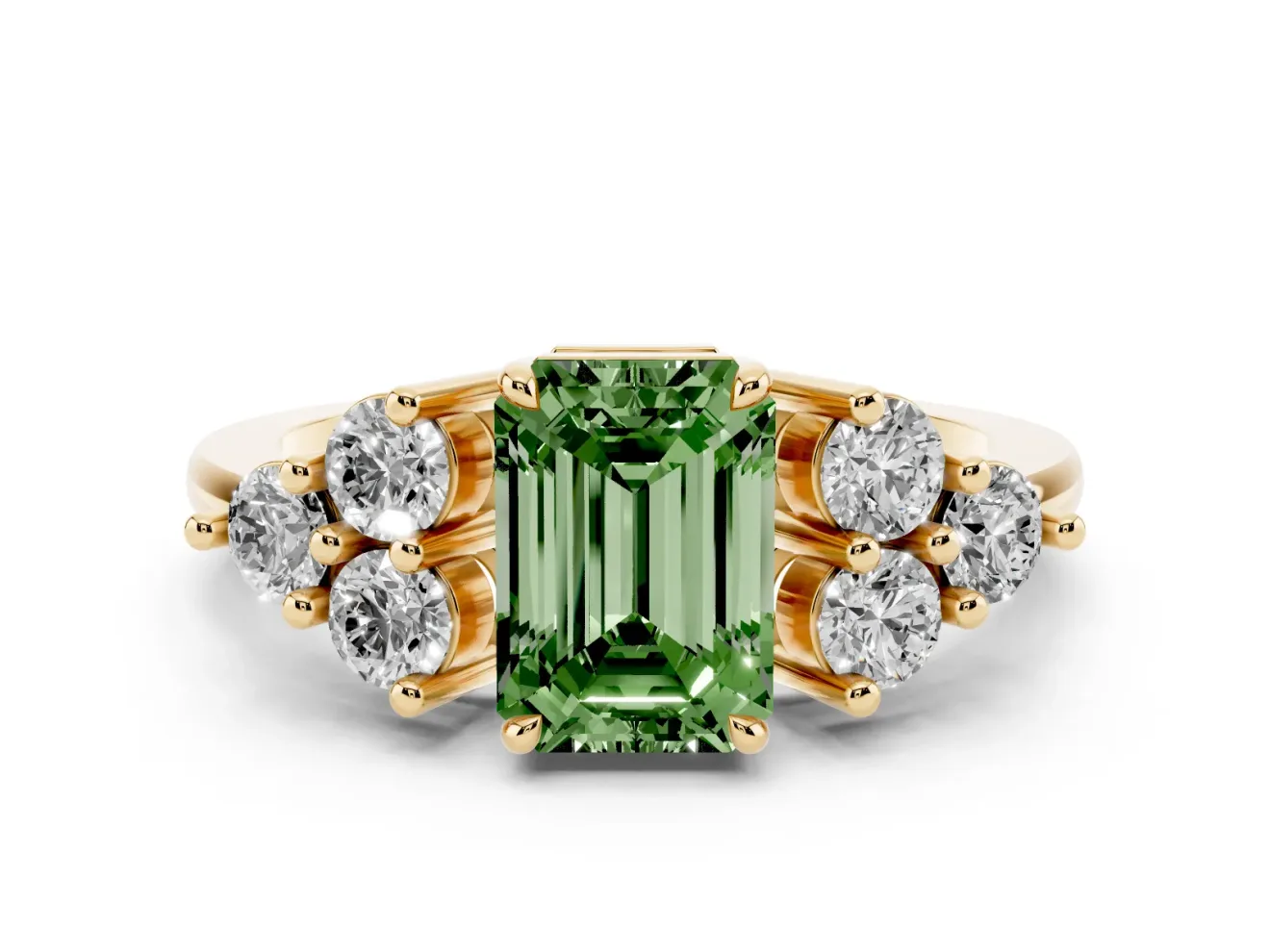 Fancy Green Emerald Cut Diamond Solitaire Ring Set in Yellow gold with Cluster Accents on Each Side