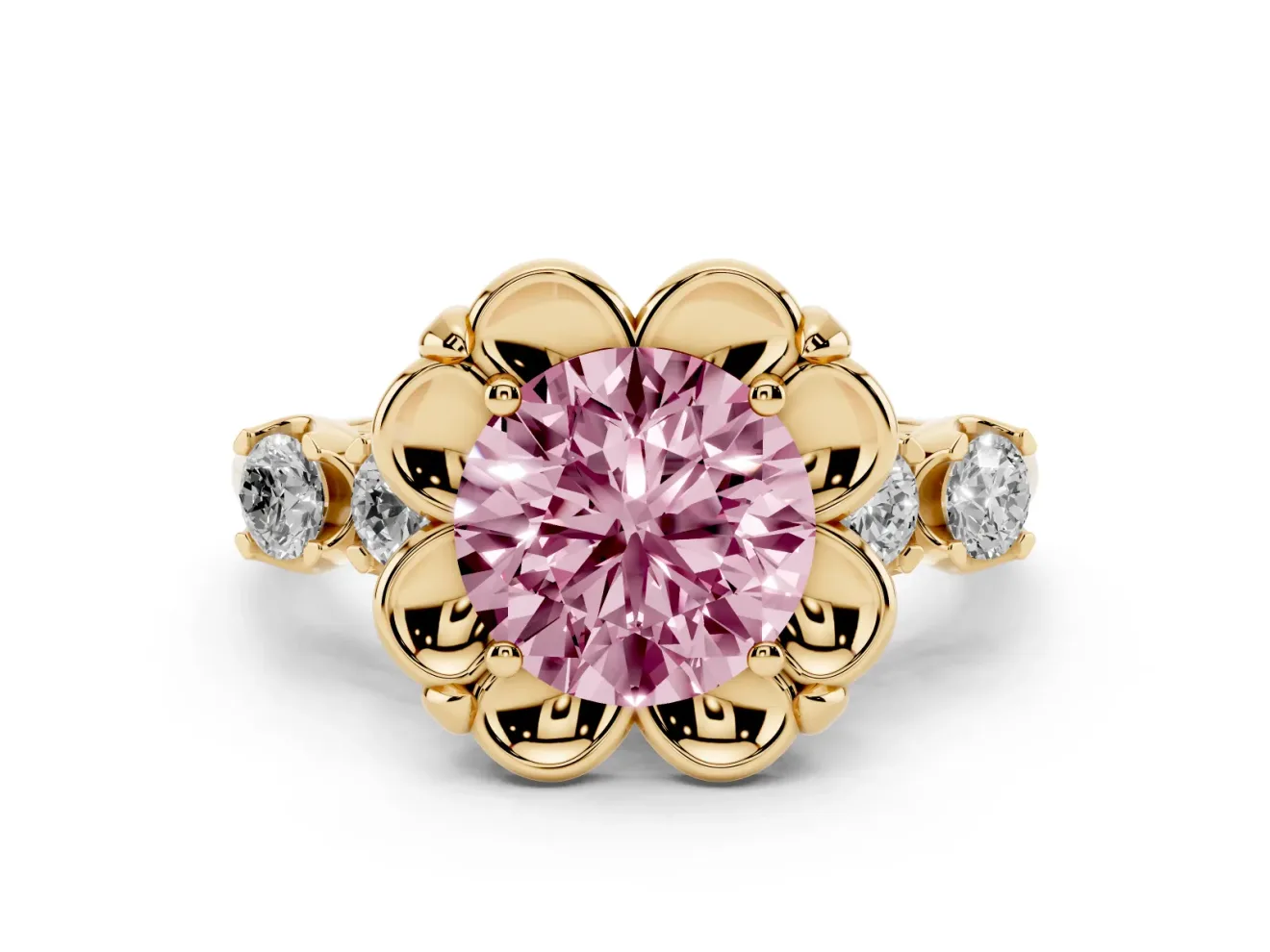Round Floral Engagement Ring Setting for a Fancy Pink Lab-Grown Diamond | Petal Frame | Yellow Gold