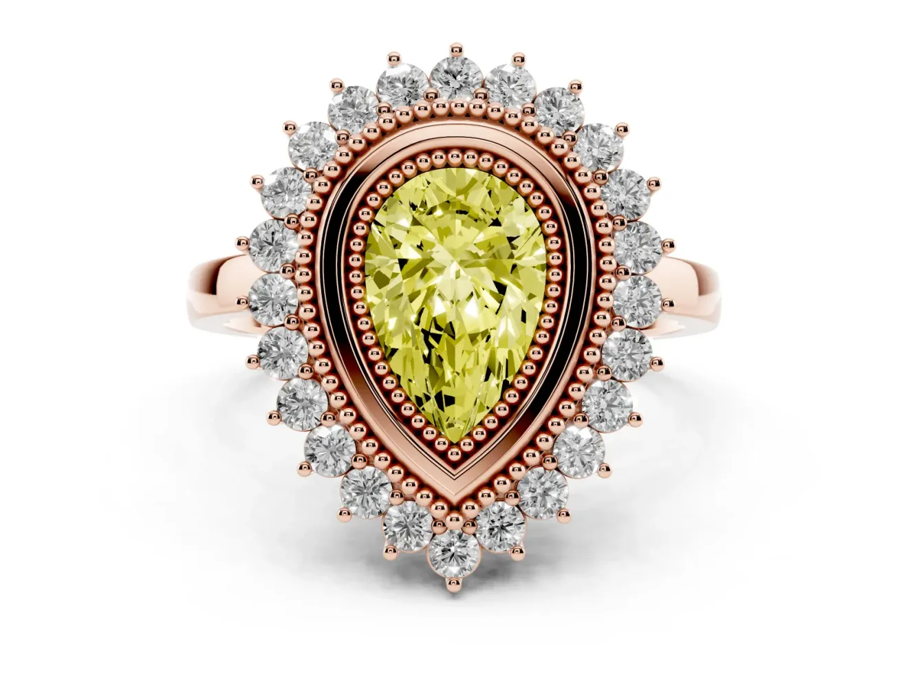 Fancy Yellow Pear Cut Diamond Halo Ring Set in Rose gold with Milgrain Edge and Round Prong Setting