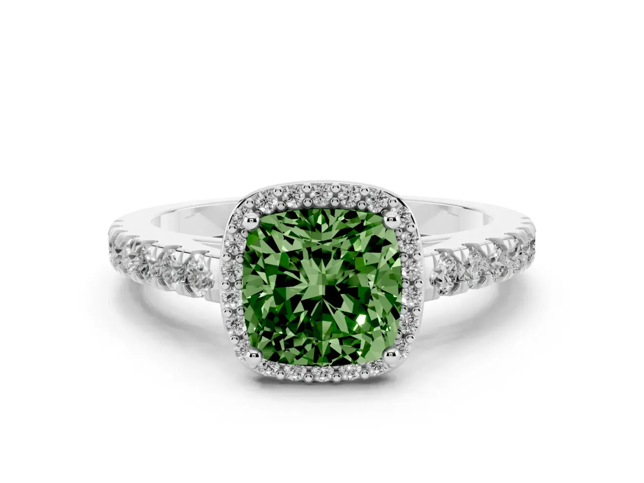 Fancy Green Cushion Cut Diamond Halo Engagement Ring Set in Silver with Pavé Band and Prong Setting
