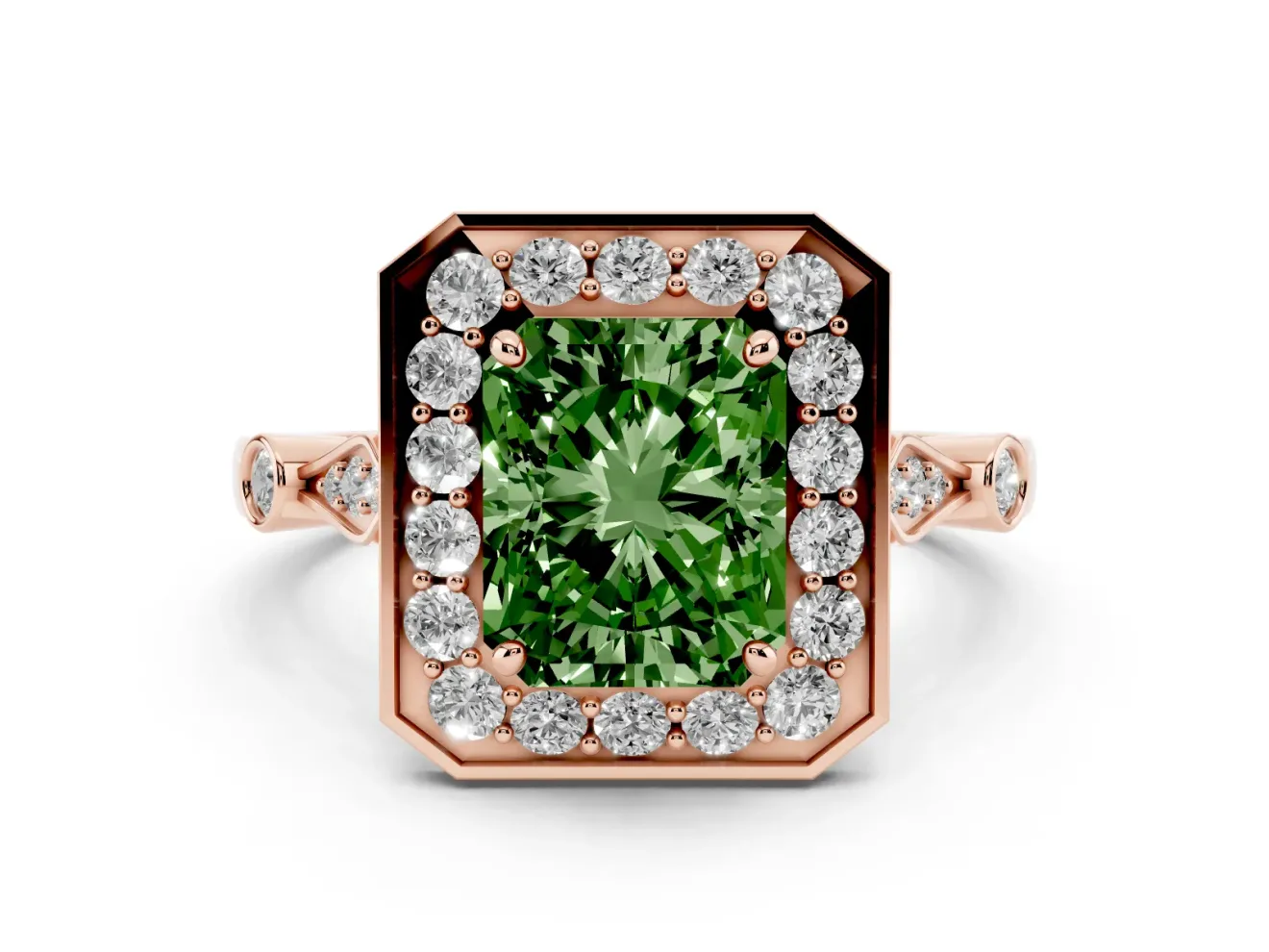 Radiant Cut Halo Engagement Ring Setting for a Fancy Green Lab-Grown Diamond | Bezel Station Shoulders | Rose Gold