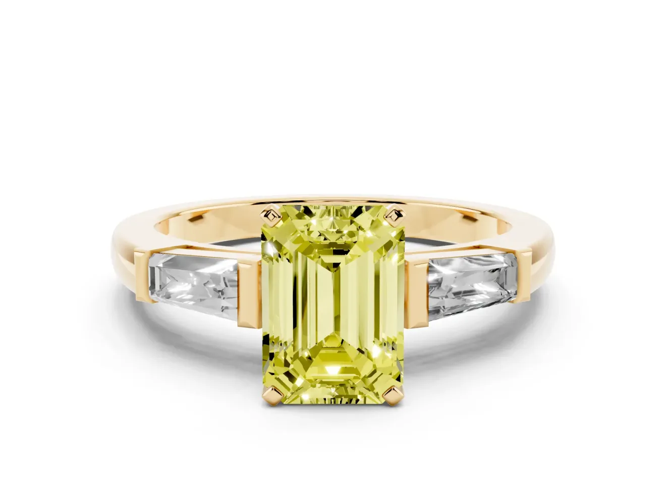 Emerald Cut Three Stone Engagement Ring Setting for a Fancy Yellow Lab-Grown Diamond | Tapered Baguettes | Yellow Gold