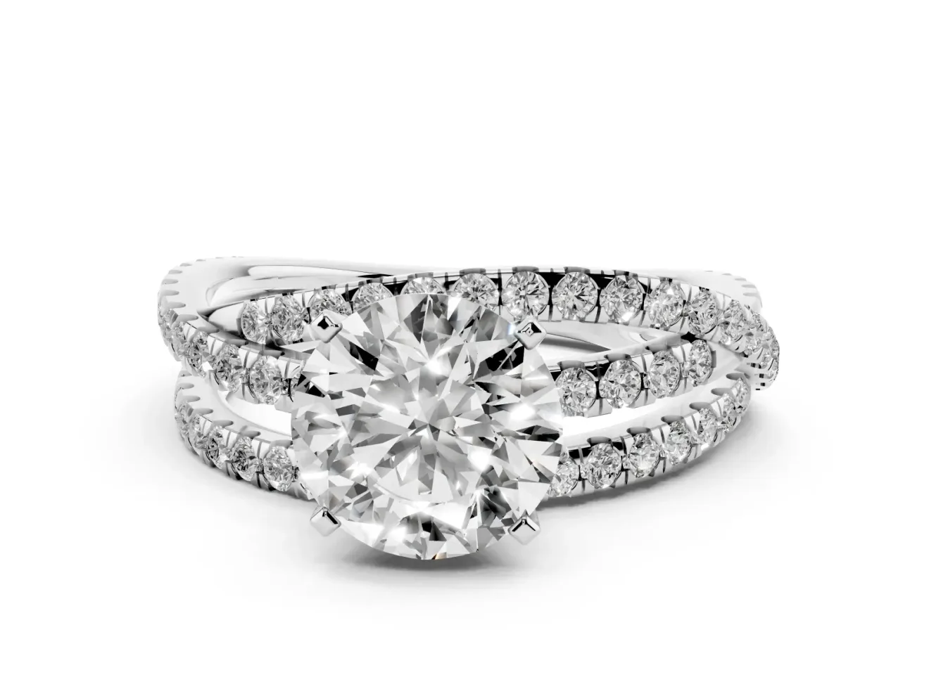 Round Cut Diamond Solitaire Twist Band Ring Set in Silver with Pavé Setting and Prong Head