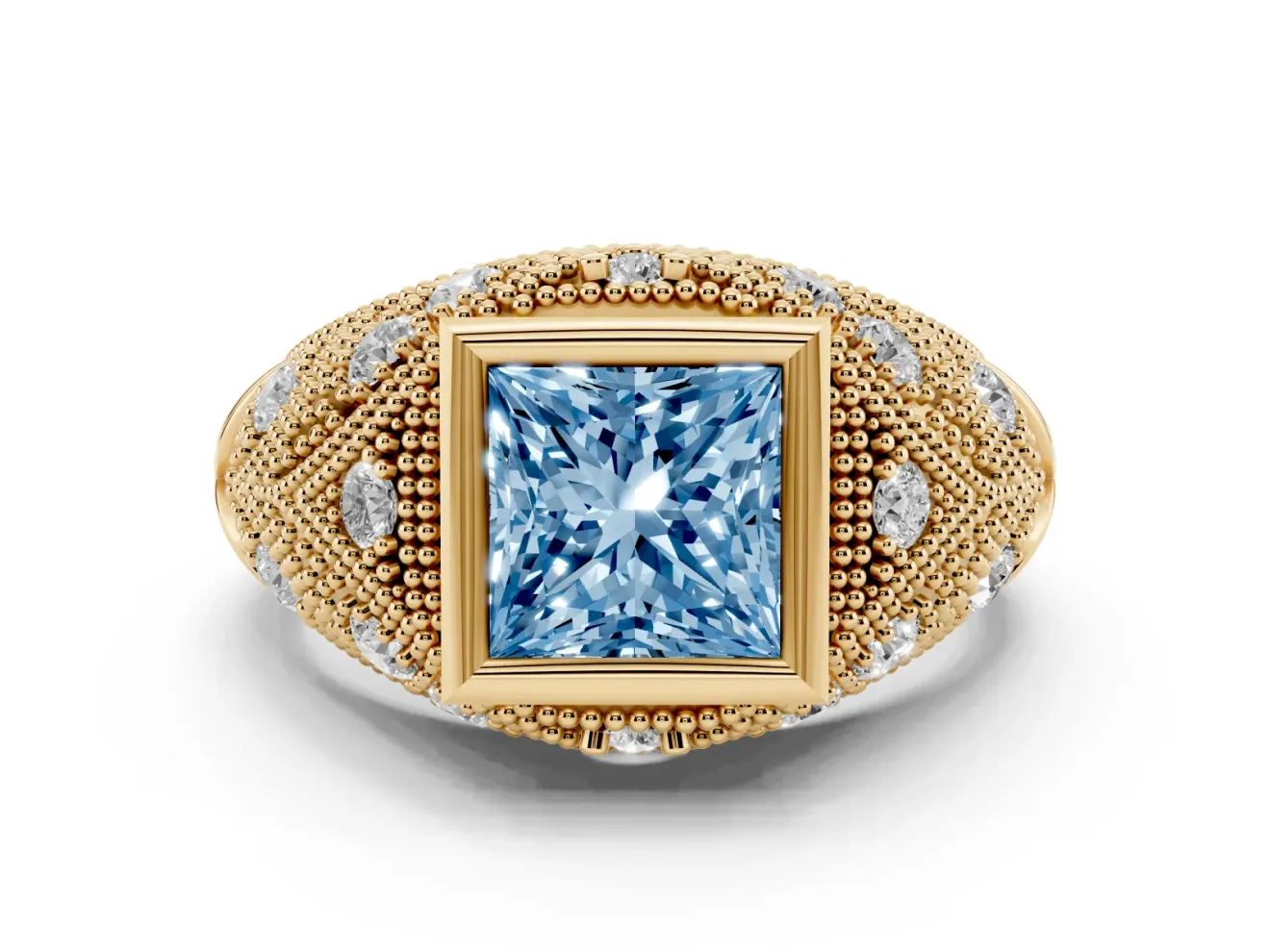 Fancy Blue Princess Cut Diamond Bezel Ring Set in Yellow gold with Milgrain Accent Band