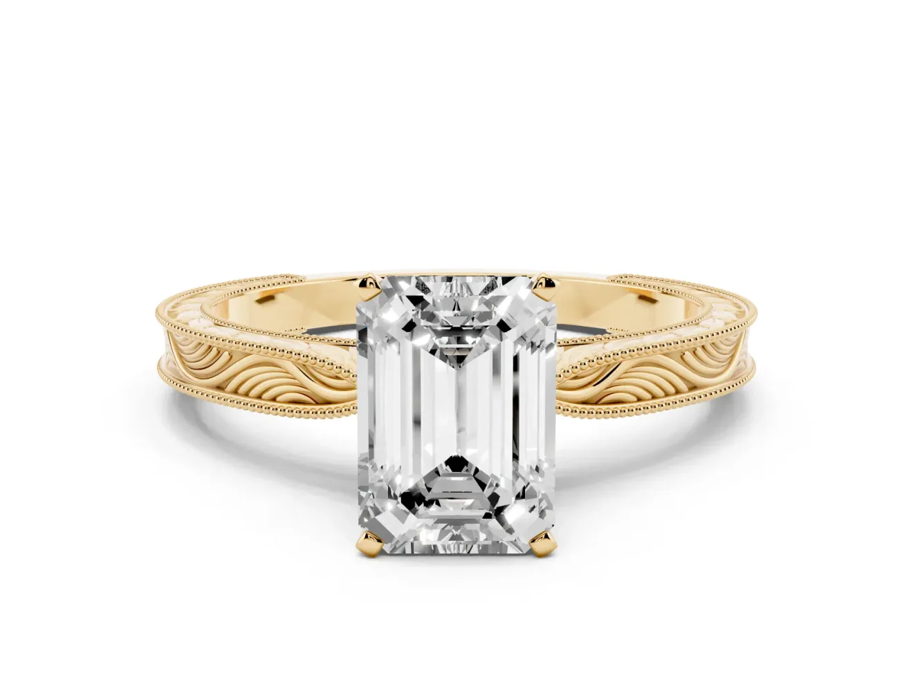 Emerald Cut Engraved Solitaire Engagement Ring Setting | Milgrain Edges | Yellow Gold