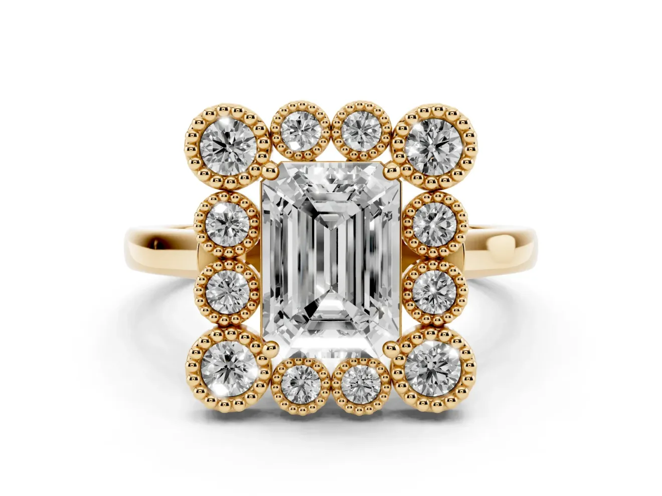 Emerald Cut Vintage Milgrain Bezel Cluster Halo Engagement Ring Setting | Plain Band | Yellow Gold