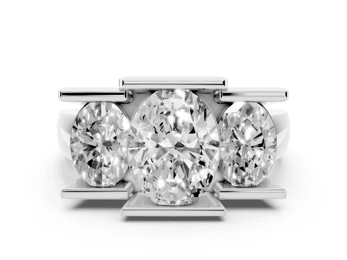 Oval Channel-Set Three Stone Engagement Ring Setting | Wide Flat Band | White Gold