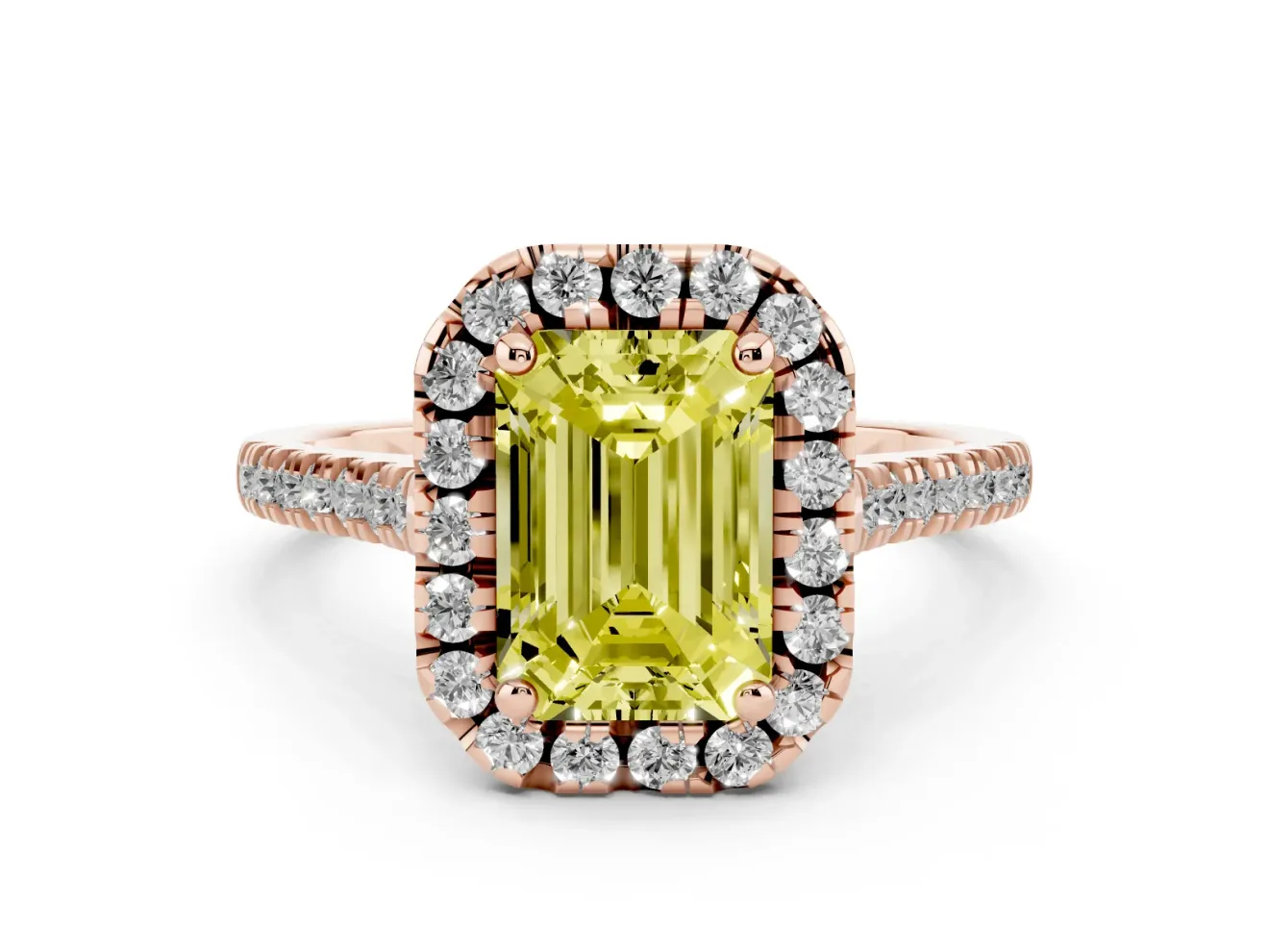 Emerald Cut Halo Engagement Ring Setting for a Fancy Yellow Lab-Grown Diamond | Tapered Band | Rose Gold