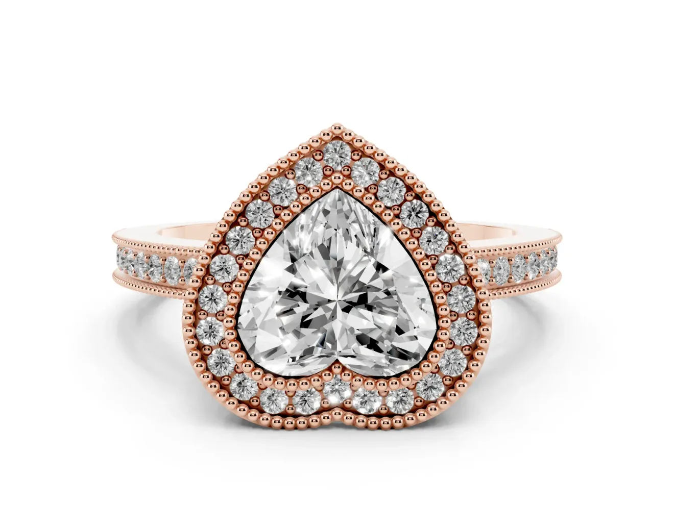 Heart Cut Diamond Halo Ring Set in Rose gold with Pavé Band and Milgrain-Edged Prongs