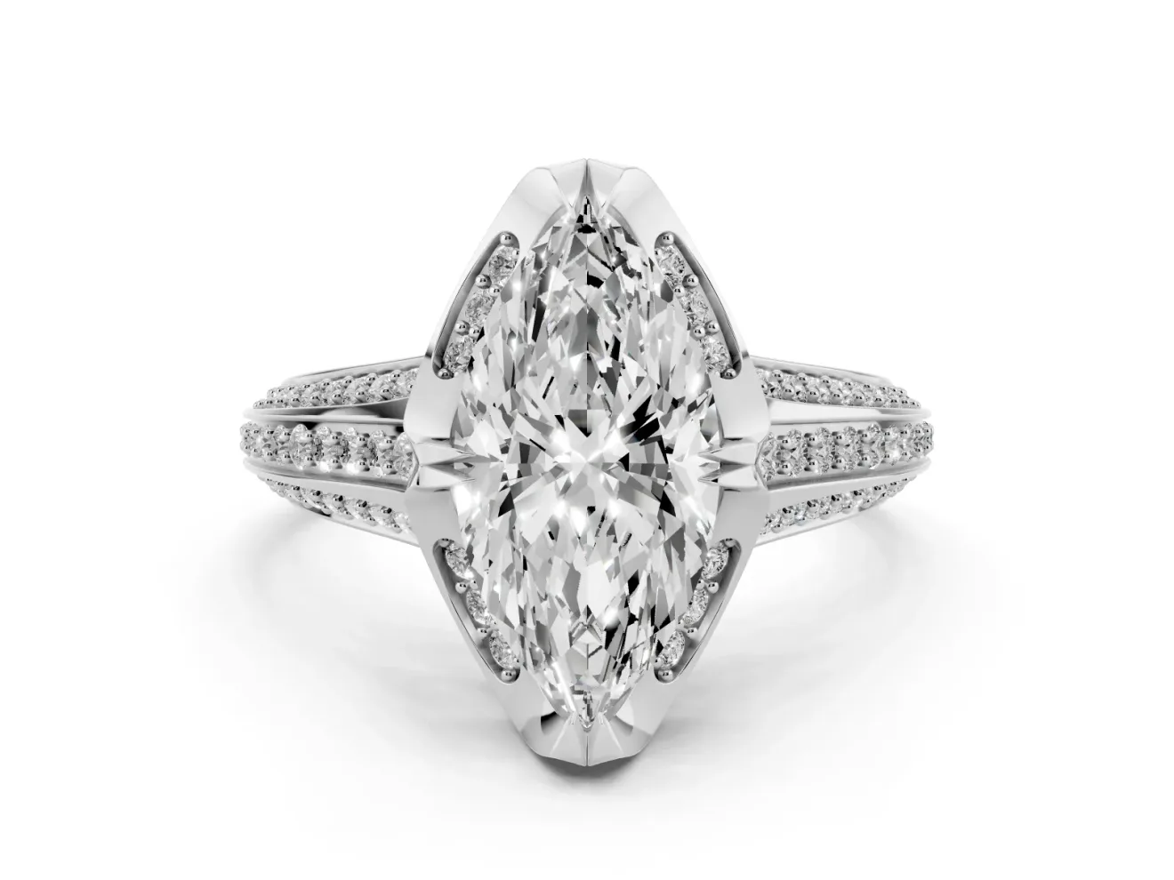 Marquise Cut Diamond Pavé Split Shank Solitaire Ring Set in Platinum with Prong Setting