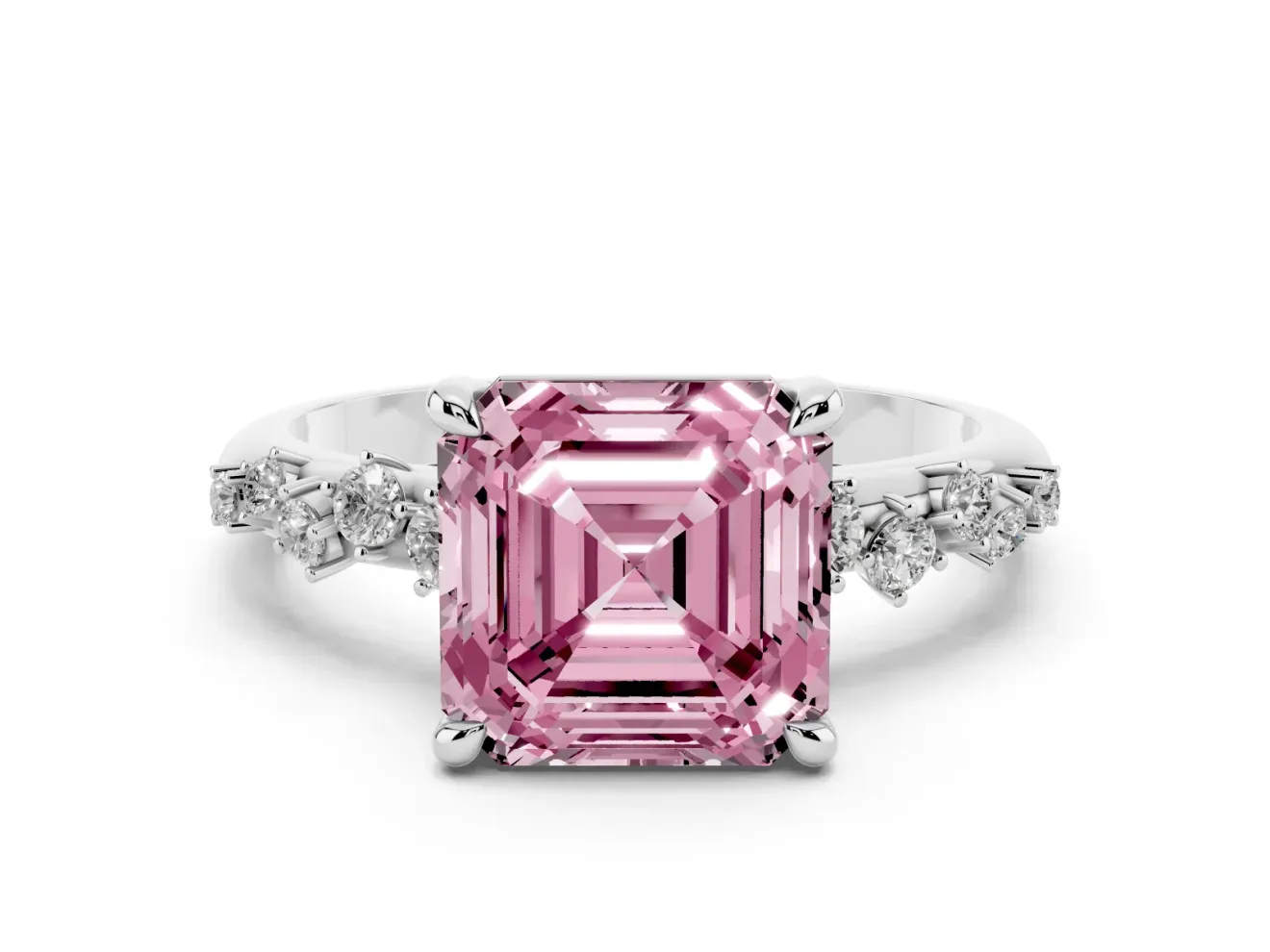 Fancy Pink Asscher Cut Diamond Solitaire Vine Band Ring Set in White gold with Round Accents and Prong Setting