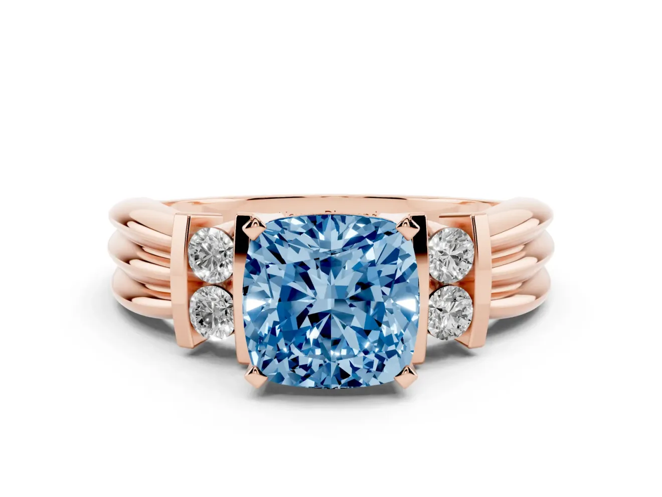 Fancy Blue Three-Stone Cushion Cut Diamond Channel Set Ring Set in Rose gold with Bar Prongs