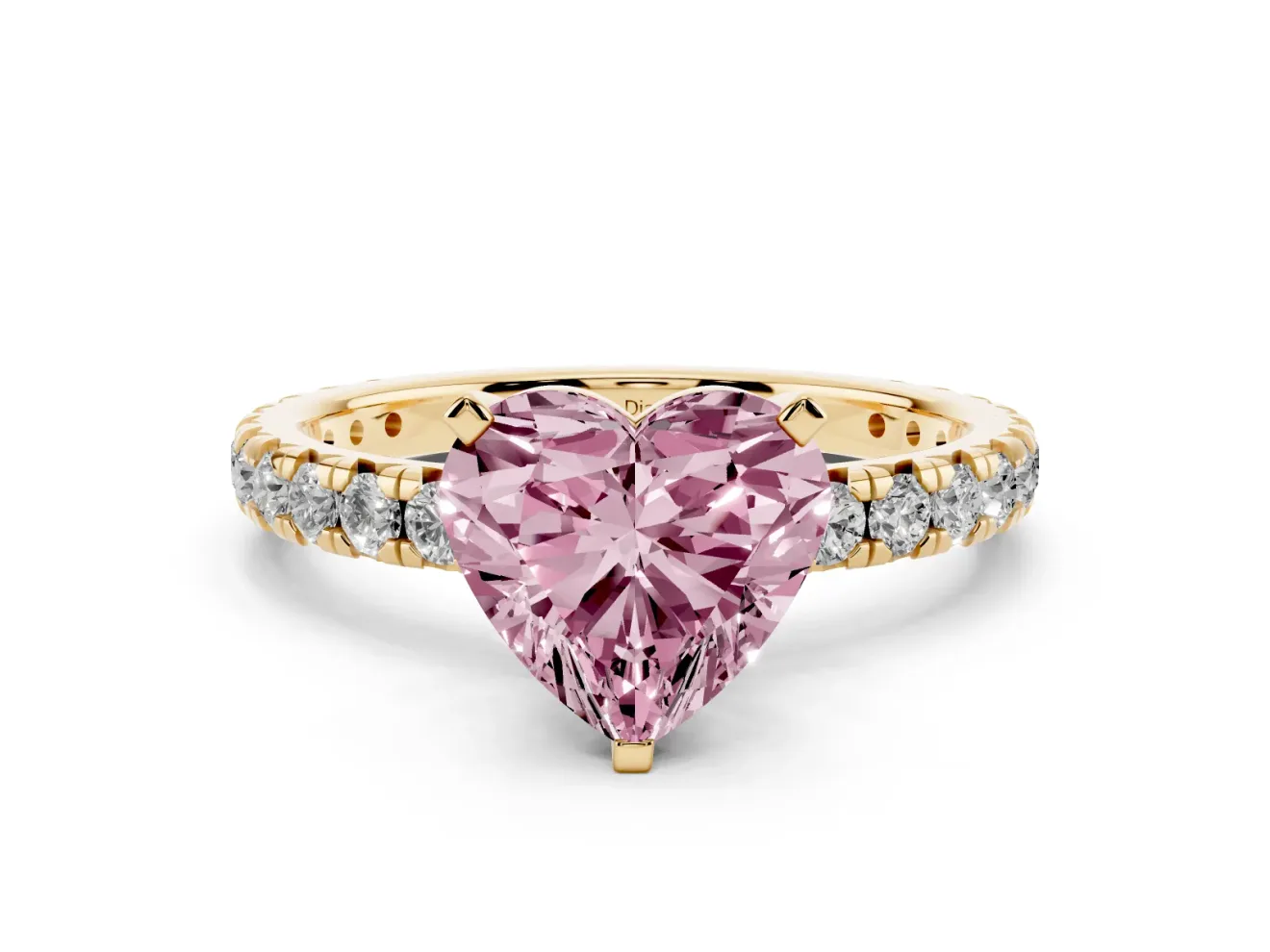 Fancy Pink Heart Cut Diamond Pavé Solitaire Ring Set in Yellow gold with Round Band and Prong Setting
