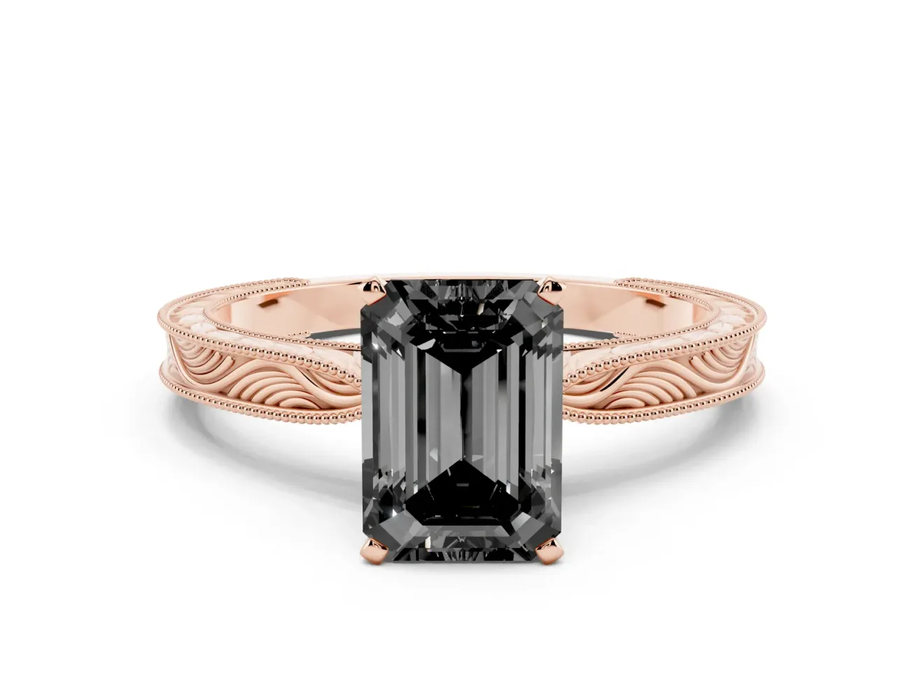 Emerald Cut Engraved Solitaire Engagement Ring Setting for a Black Center | Rose Gold