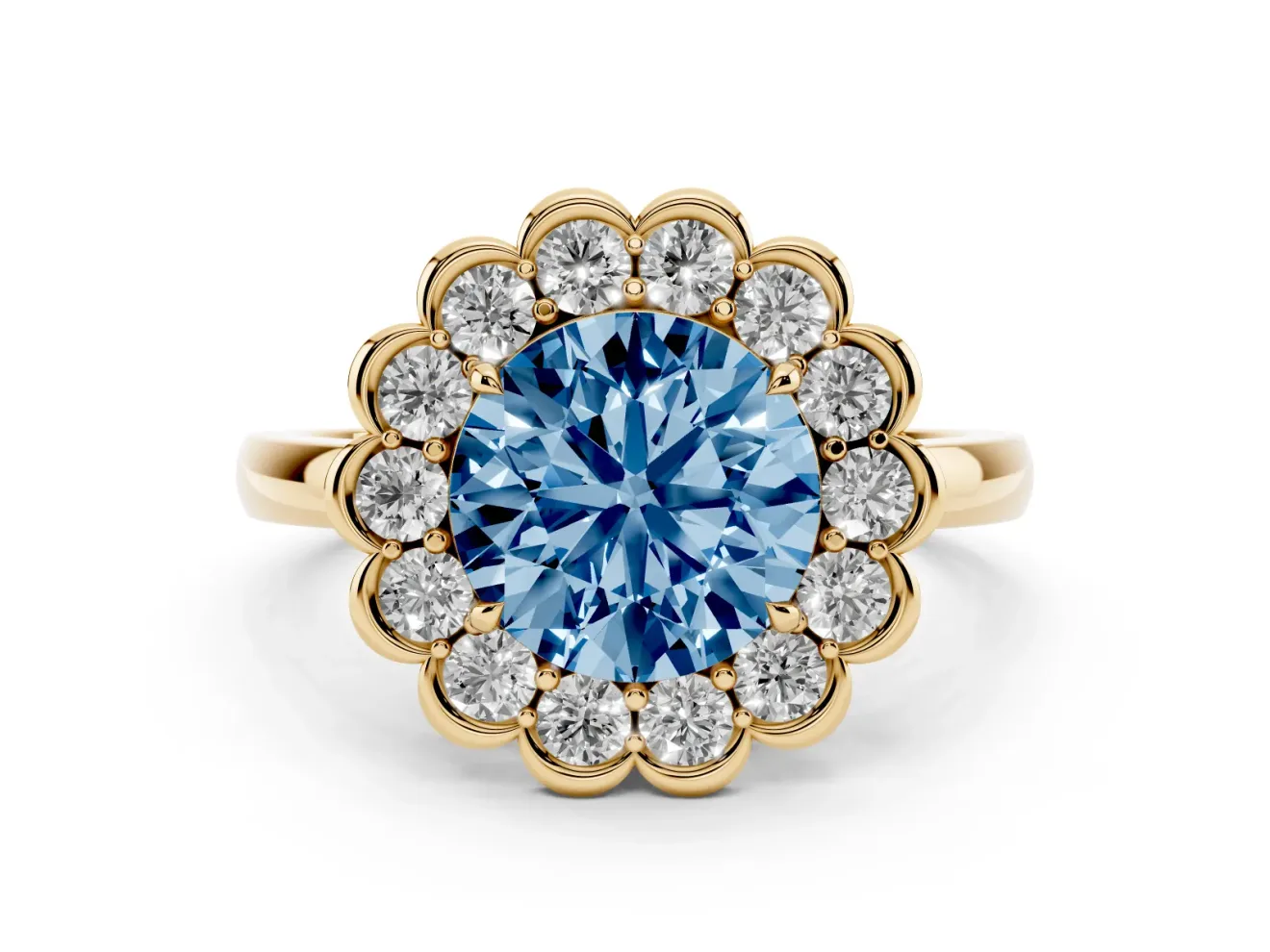 Round Scalloped Cluster Halo Engagement Ring Setting for a Fancy Blue Lab-Grown Diamond | Plain Band | Yellow Gold