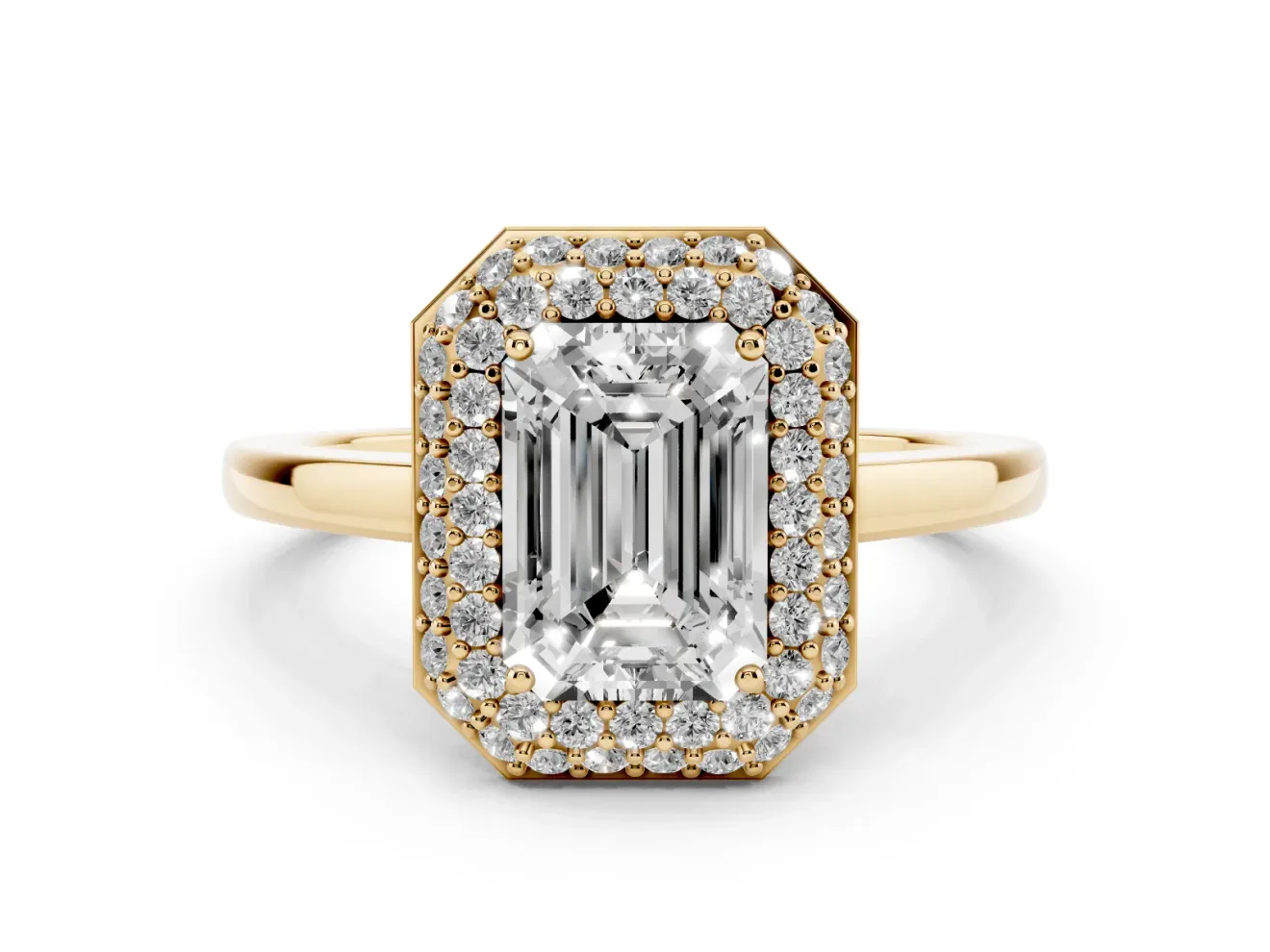 Emerald Cut Diamond Halo Engagement Ring Set in Yellow gold with Solitaire Band and Prong Setting