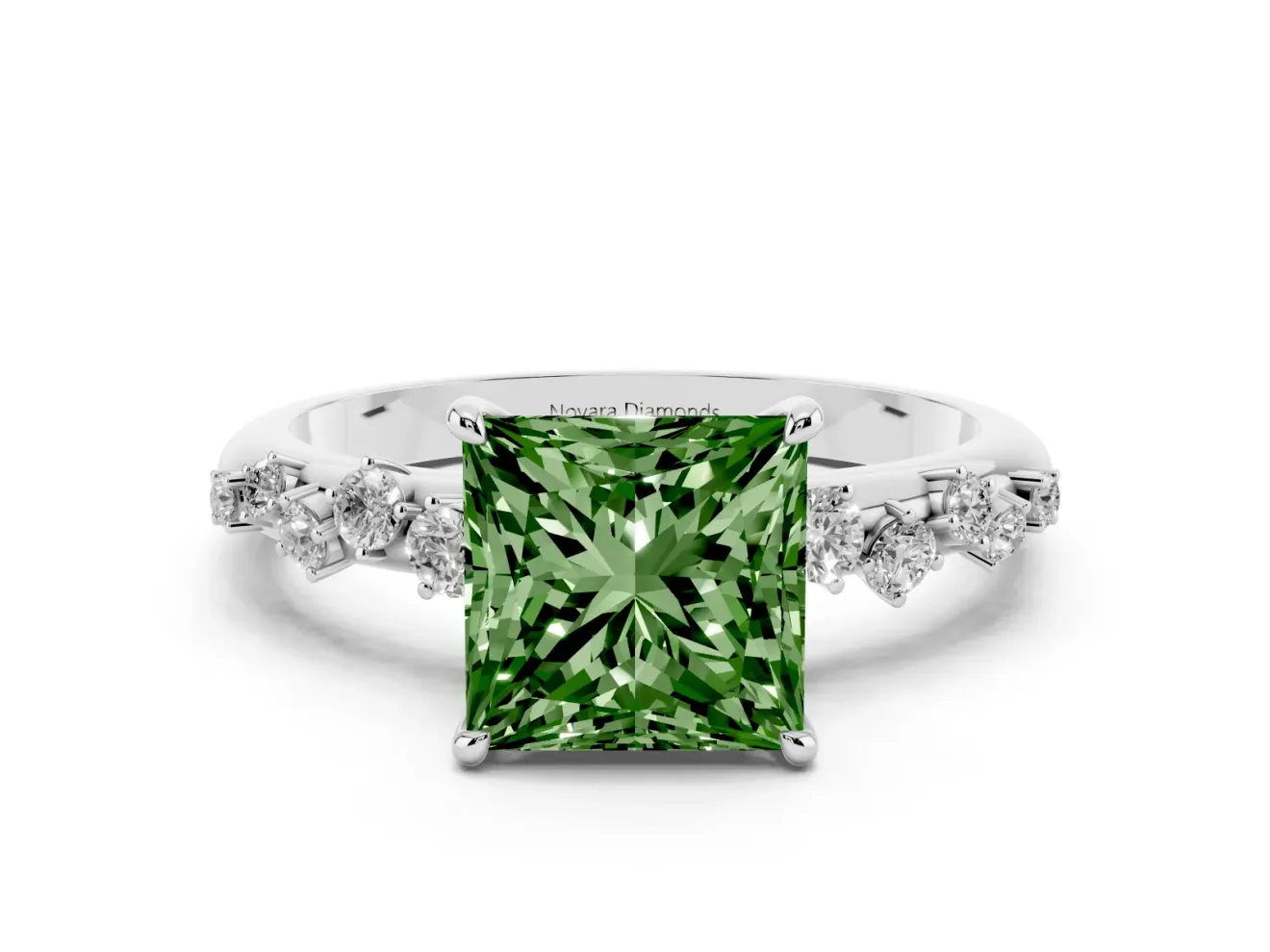 Fancy Green Princess Cut Diamond Cluster Solitaire Ring Set in Silver with Prong Setting