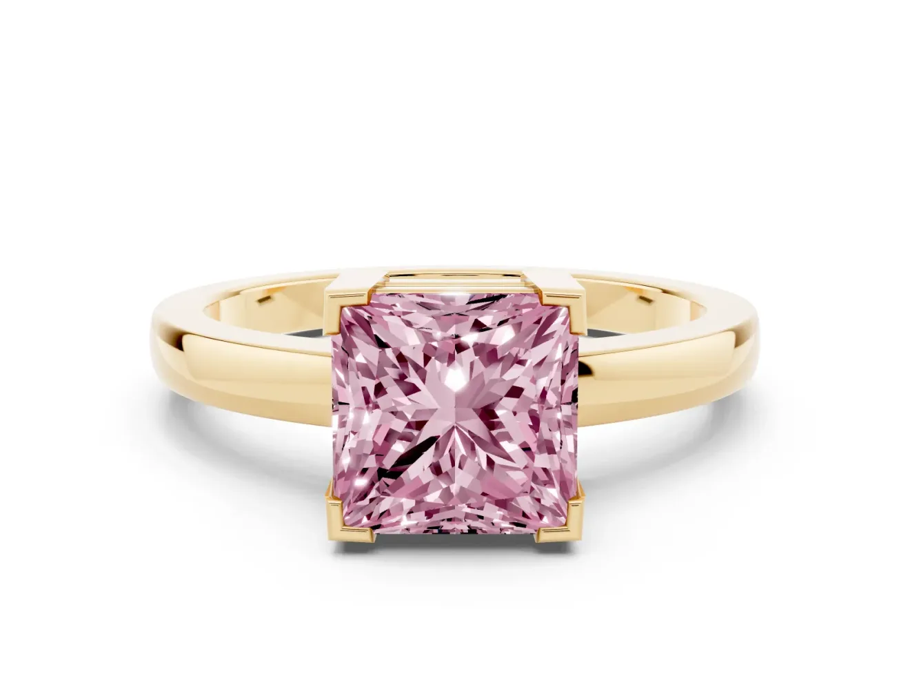 Fancy Pink Princess Cut Diamond Solitaire Ring Set in Yellow gold with Prong Head and Smooth Polished Band