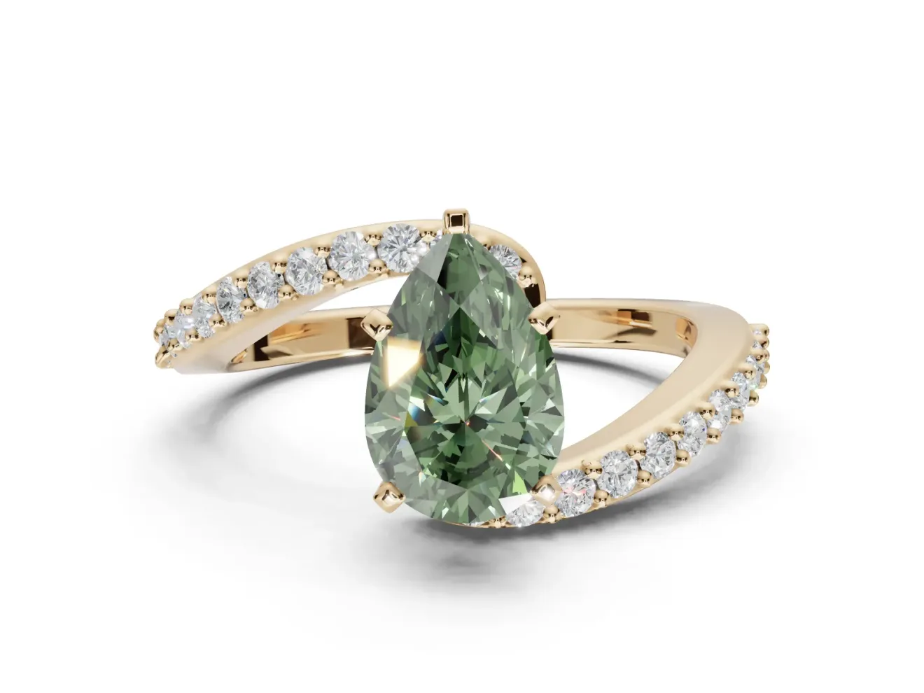 Pear-Shaped Bypass Pavé Engagement Ring Setting for a Fancy Green Lab-Grown Diamond | Yellow Gold