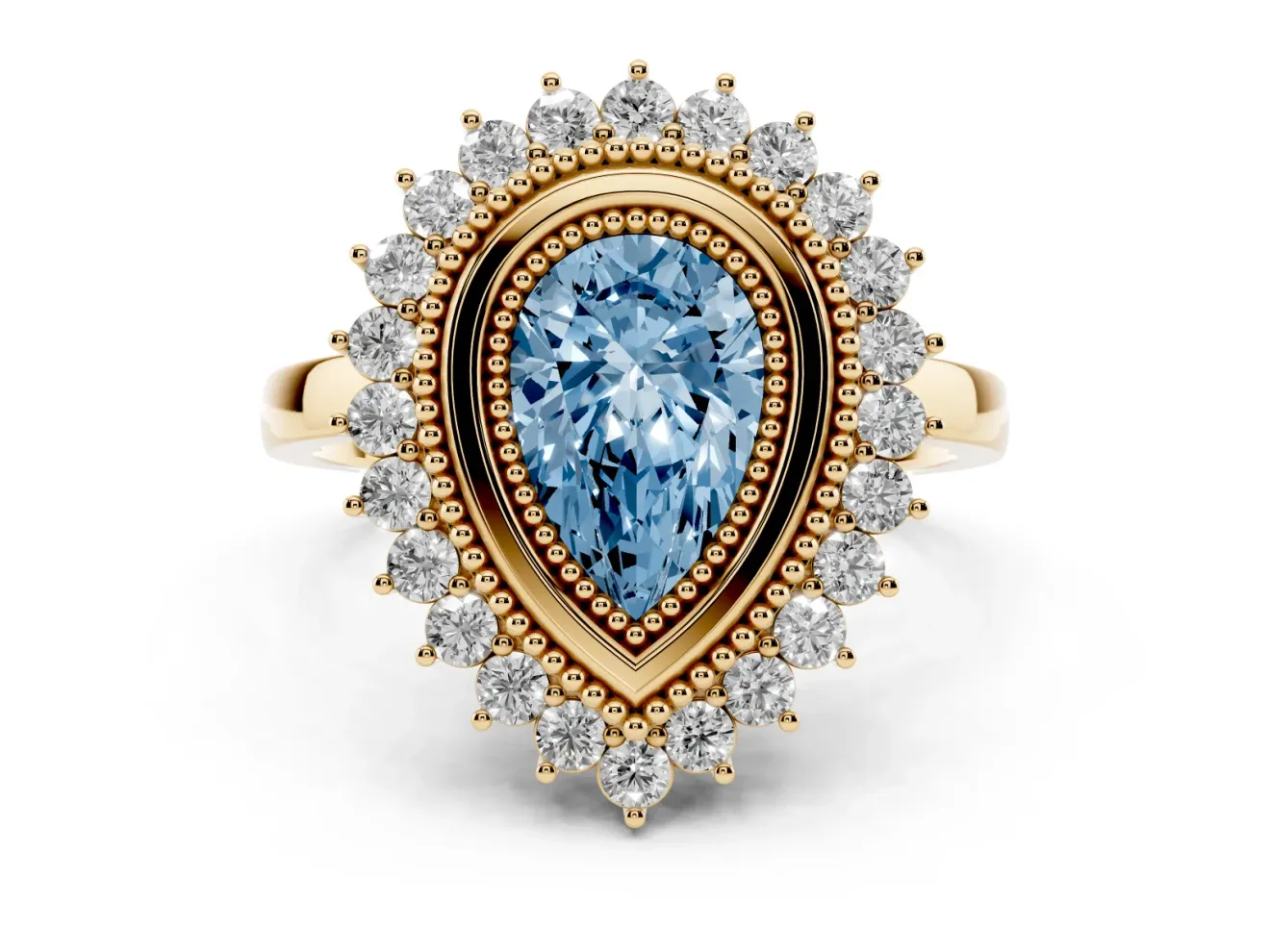 Fancy Blue Pear Cut Diamond Halo Ring Set in Yellow gold with Milgrain Edge and Round Prong Setting