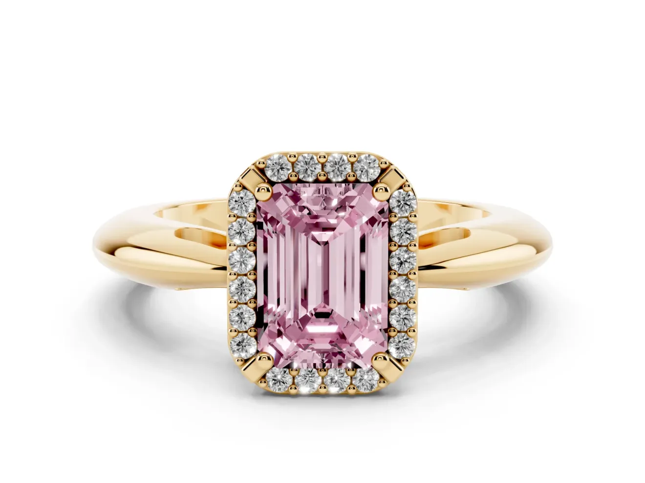 Emerald Cut Halo Engagement Ring Setting for a Fancy Pink Lab-Grown Diamond | Plain Tapered Band | Yellow Gold