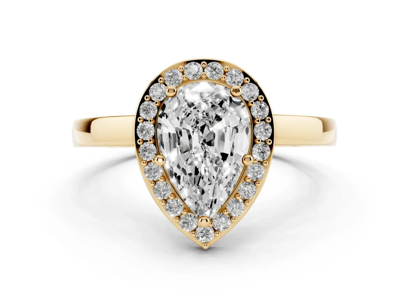 Pear-Shaped Thin Halo Low Profile Engagement Ring Setting | Slim Plain Band | Yellow Gold