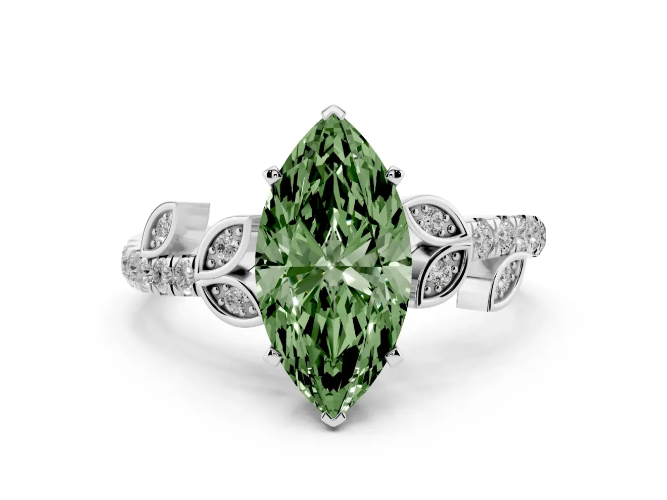 Fancy Green Marquise Cut Diamond Solitaire Leaf-Inspired Ring Set in Silver with Pavé Band and Prong Setting