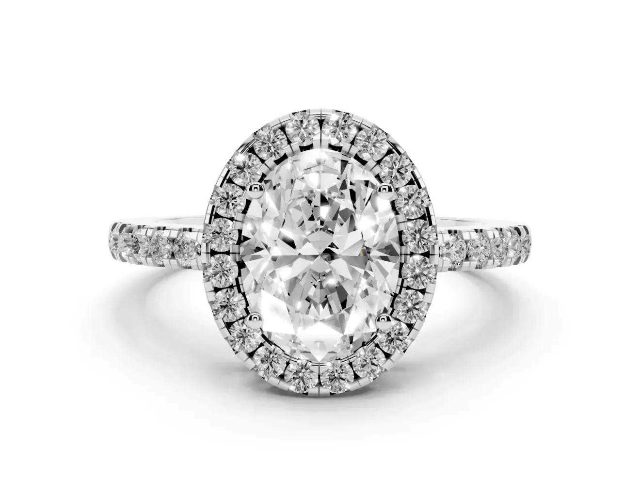 Oval Cut Diamond Pavé Band Halo Engagement Ring Set in White gold with Prong Setting