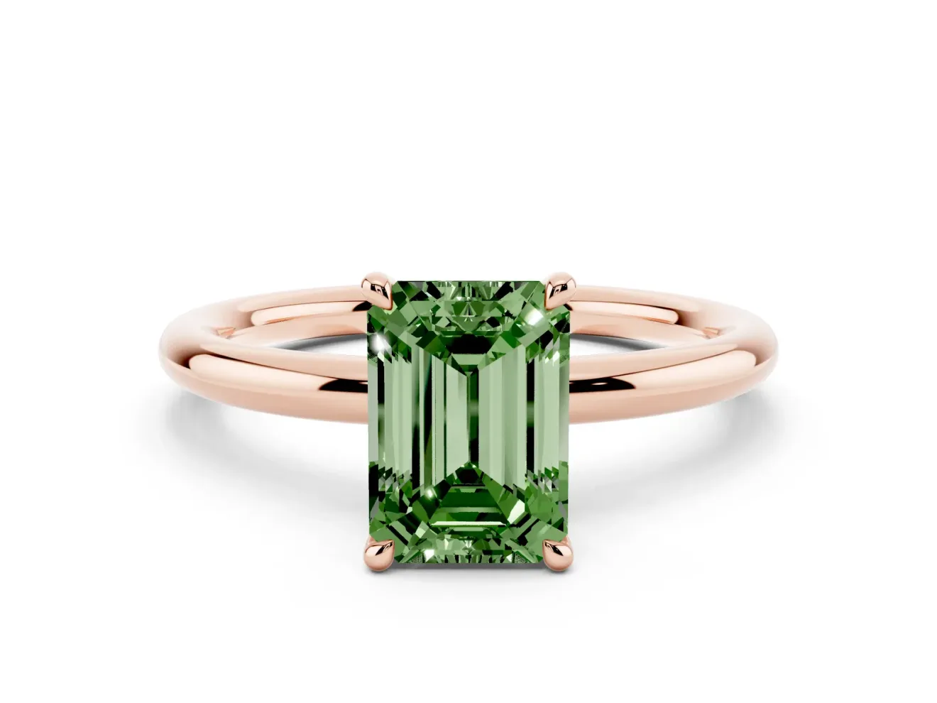 Fancy Green Emerald Cut Diamond Solitaire Ring Set in Rose gold with Thin Band and Prong Setting