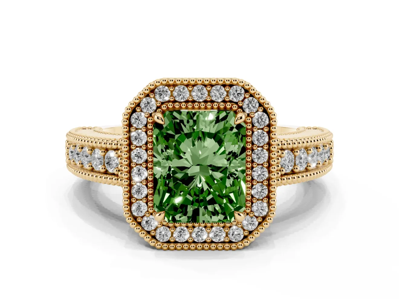 Radiant Cut Milgrain Halo Engagement Ring Setting for a Fancy Green Lab-Grown Diamond | Carved Leaf Detail | Yellow Gold