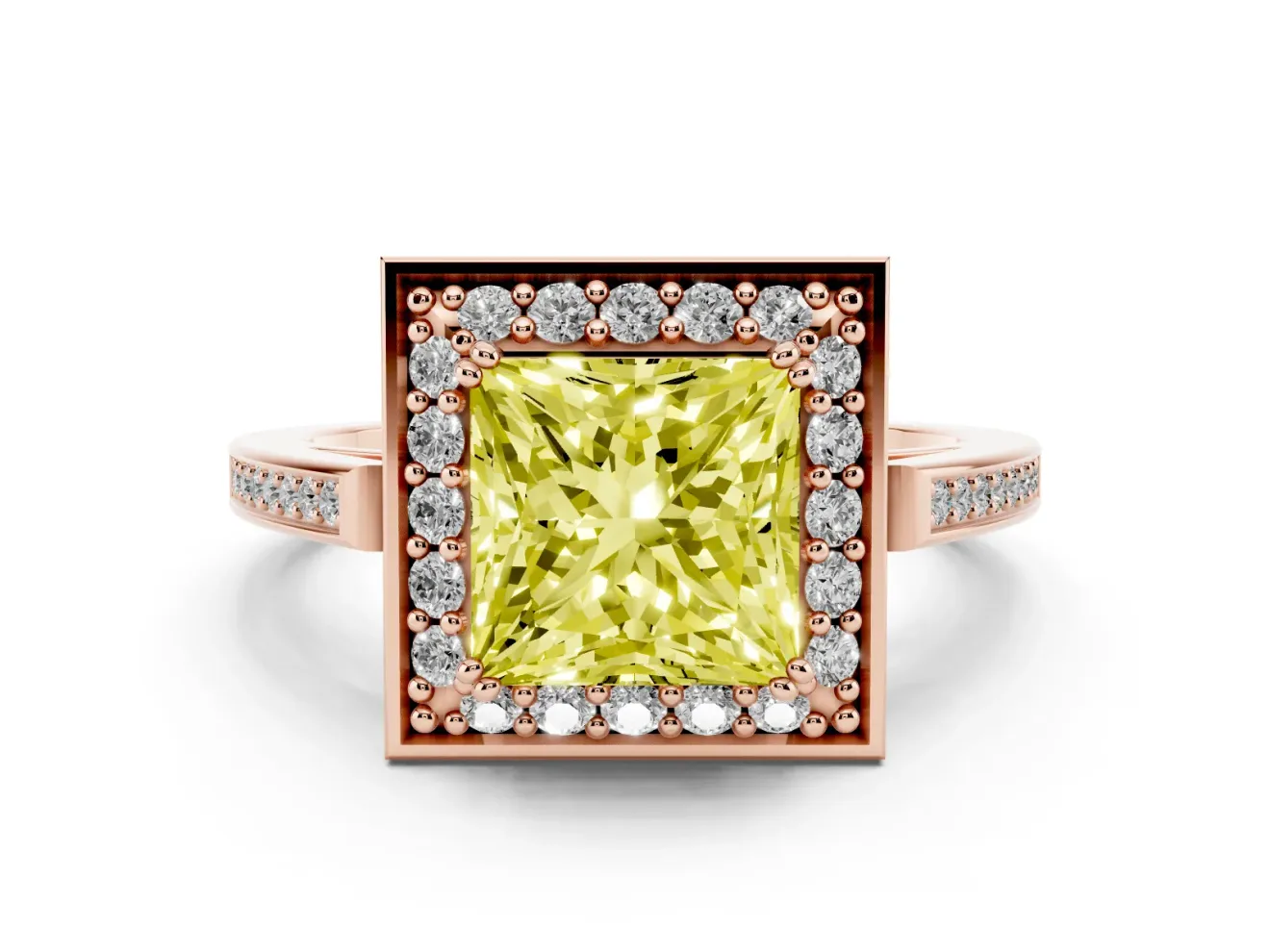 Princess Cut Halo Engagement Ring Setting for a Fancy Yellow Lab-Grown Diamond | Polished Halo Rim | Rose Gold