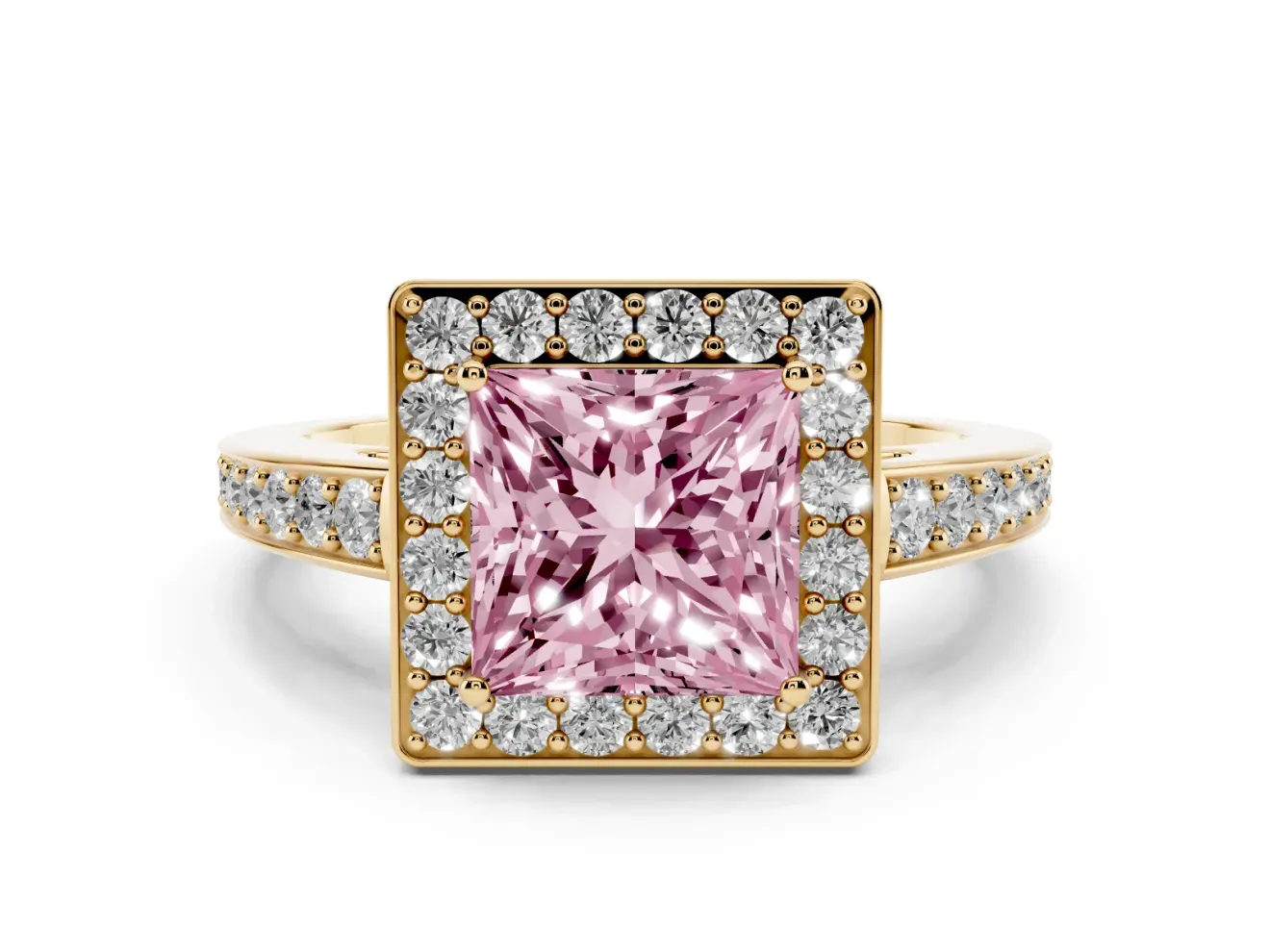 Fancy Pink Princess Cut Diamond Halo Pavé Engagement Ring Set in Yellow gold with Bezel Setting