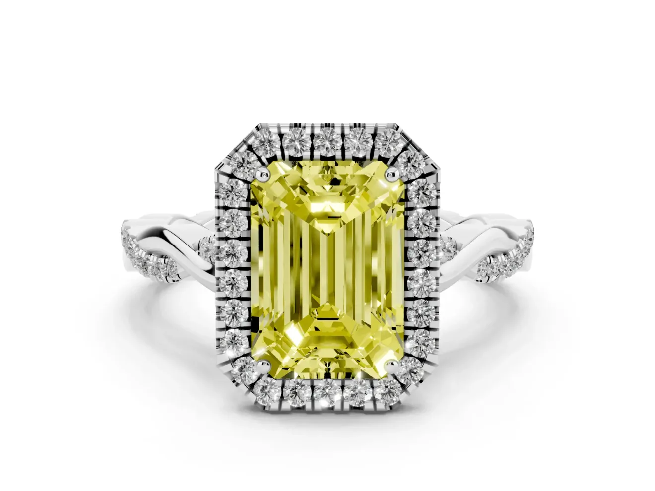 Emerald Cut Twist Halo Engagement Ring Setting for a Fancy Yellow Lab-Grown Diamond | White Gold