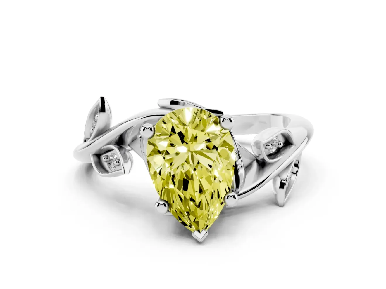 Fancy Yellow Pear Cut Diamond Solitaire Twist Engagement Ring Set in White gold with Pavé Leaf Accents